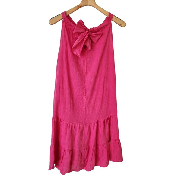 Bellambra Bright Pink Sleeveless Tiered Linen Dress Bow Coquette Elle Woods Cute - Picture 2 of 11